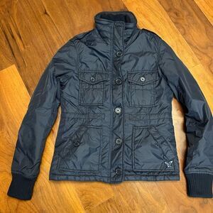 American Eagle Outfitters women’s puffer zipped button fitted navy blue jacket s